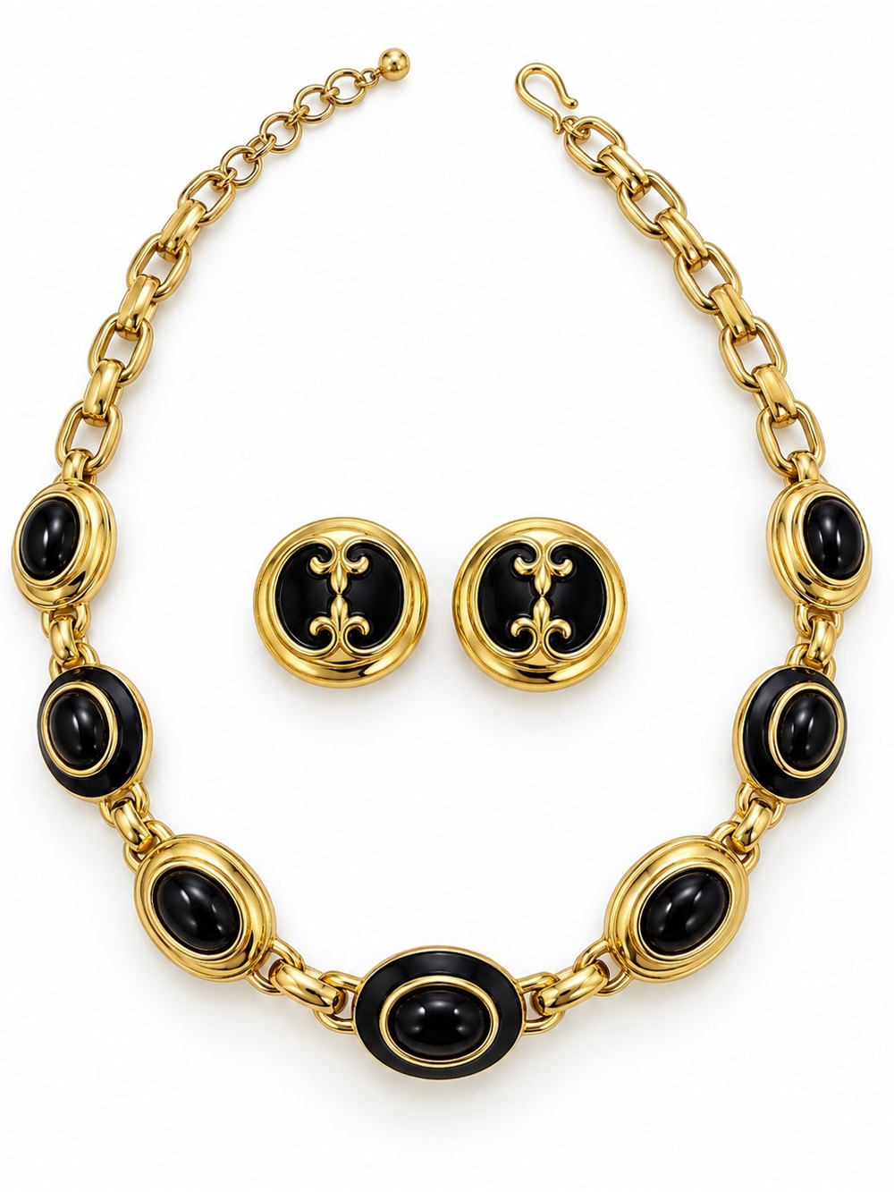 Vintage Black & Gold Statement Necklace & Earrings Set – Heavyweight